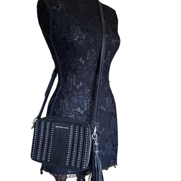 Michael Kors Black Leather Silver Studded Grommets Tassel Crossbody Bag … - Picture 1 of 16